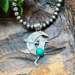 925 Sterling Silver Turquoise Cat and Moon Pendant